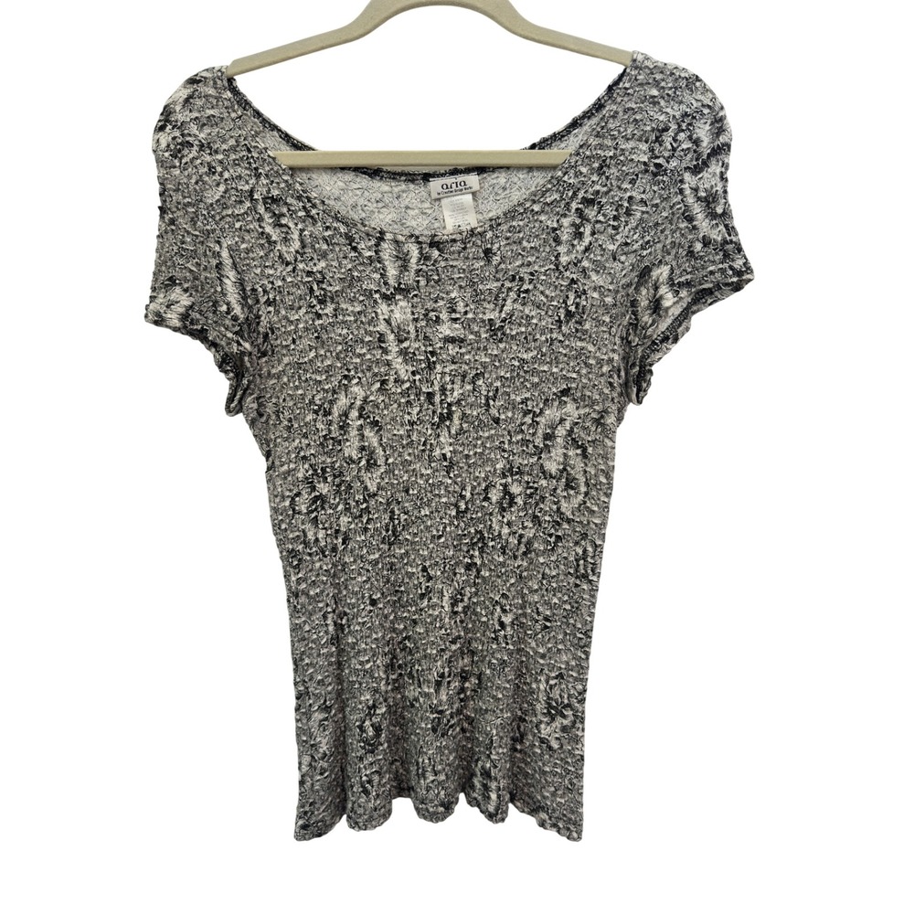 Y2K Popcorn Crinkle Top Black White Floral Stretch Scoop Neck Aria Size M